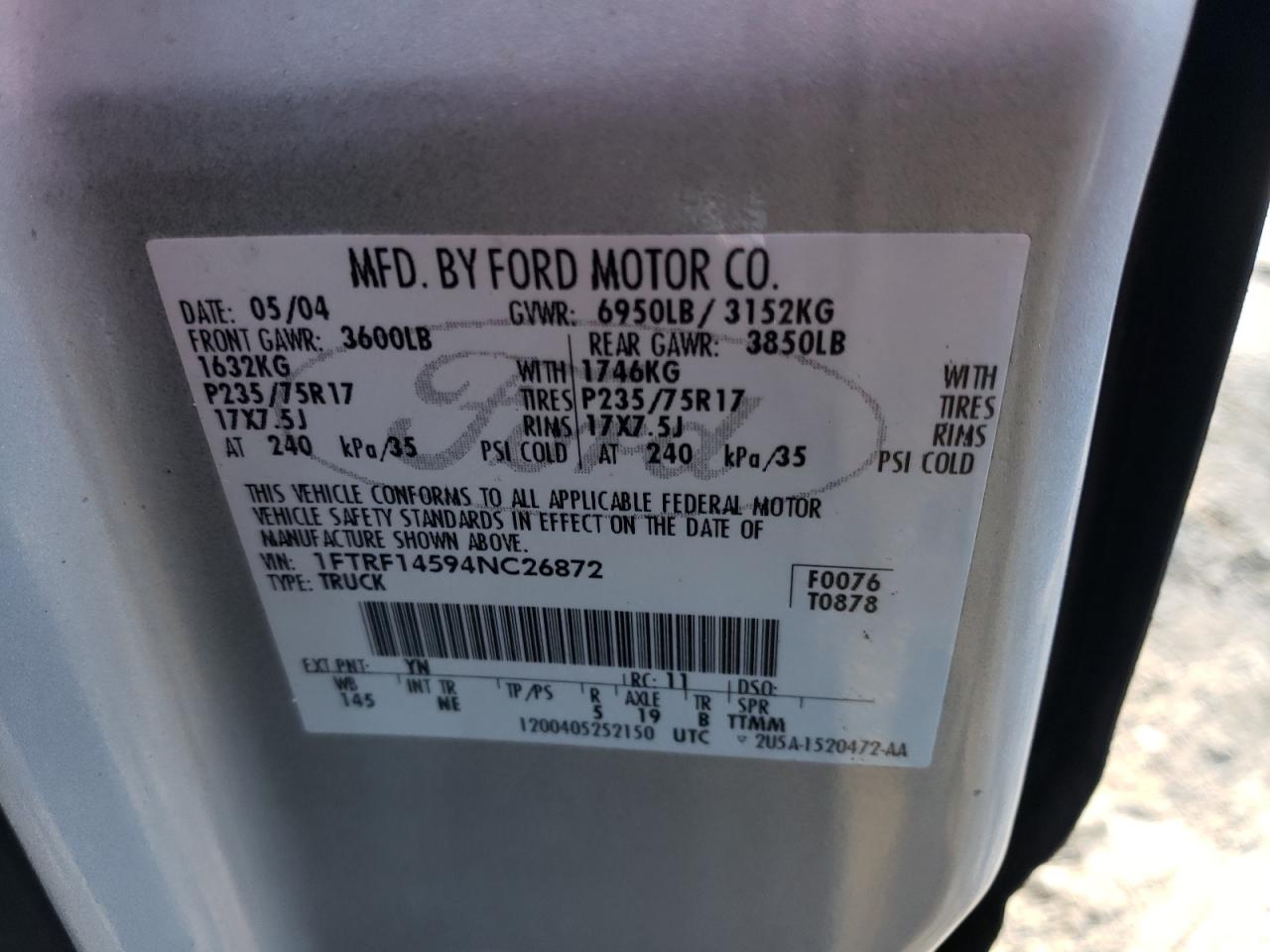 Photo 10 from auction – 2004 FORD F-150 with VIN 1FTRF14594NC26872