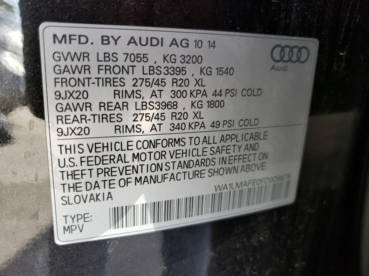 Photo 10 from auction – 2015 AUDI Q7 TDI PRE with VIN WA1LMAFE0FD009576