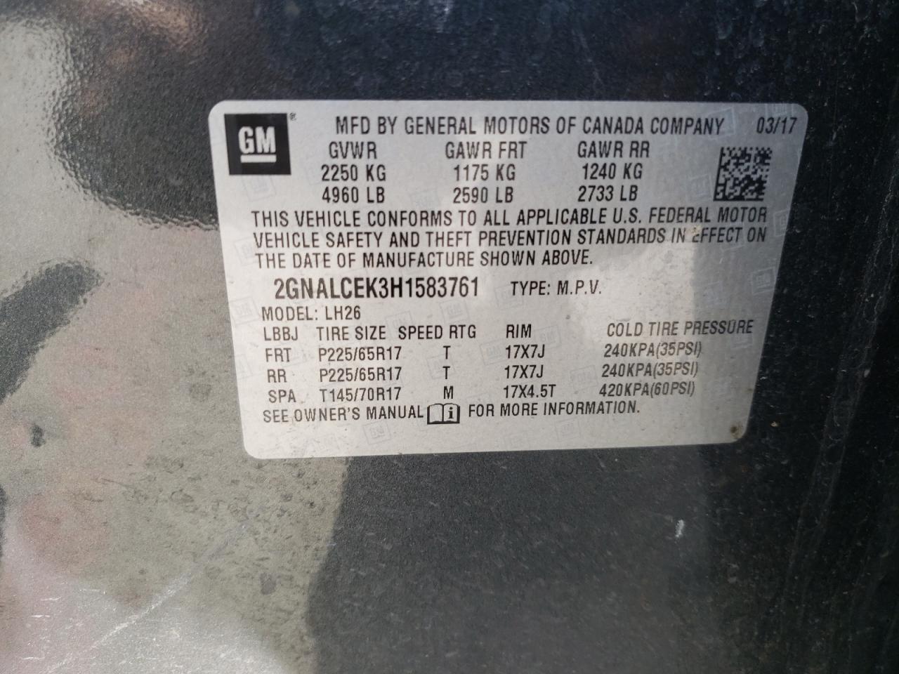 Photo 10 from auction – 2017 CHEVROLET EQUINOX LT with VIN 2GNALCEK3H1583761