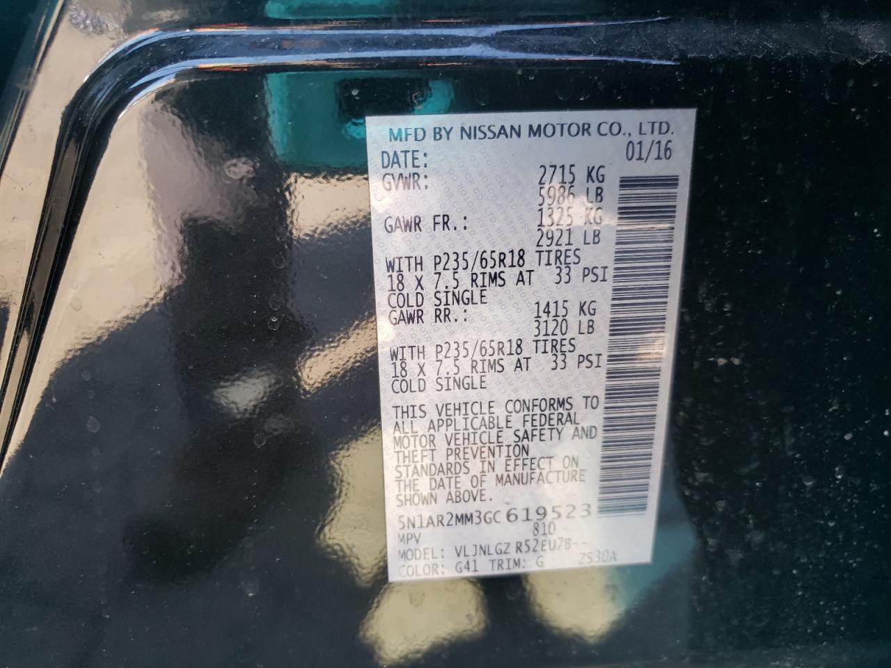 Photo 10 from auction – 2016 NISSAN PATHFINDER with VIN 5N1AR2MM3GC619523