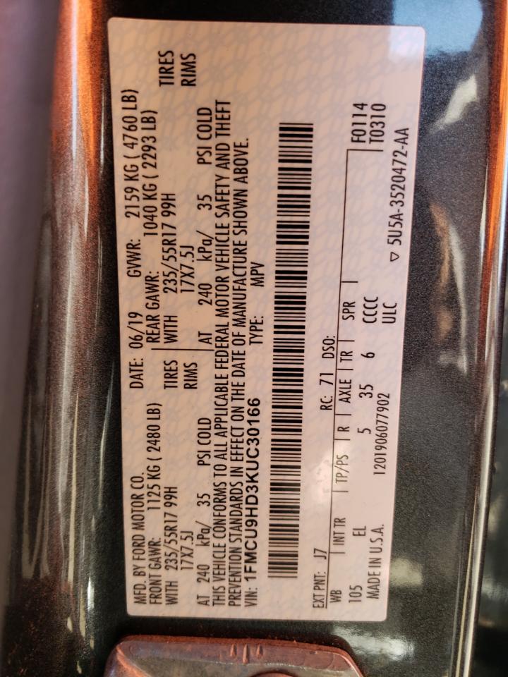 Photo 10 from auction – 2019 FORD ESCAPE SEL with VIN 1FMCU9HD3KUC30166