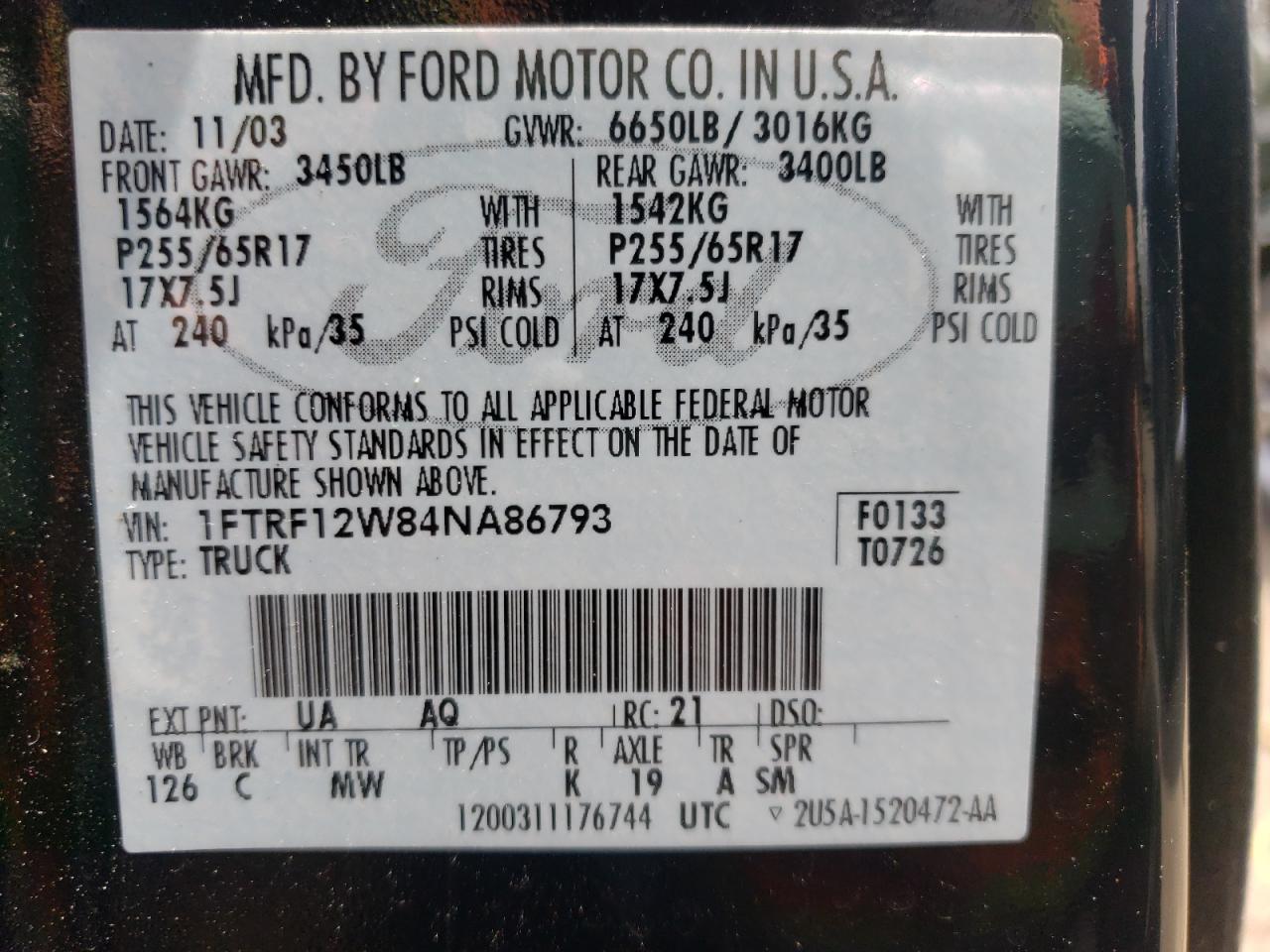 Photo 10 from auction – 2004 FORD F150 with VIN 1FTRF12W84NA86793