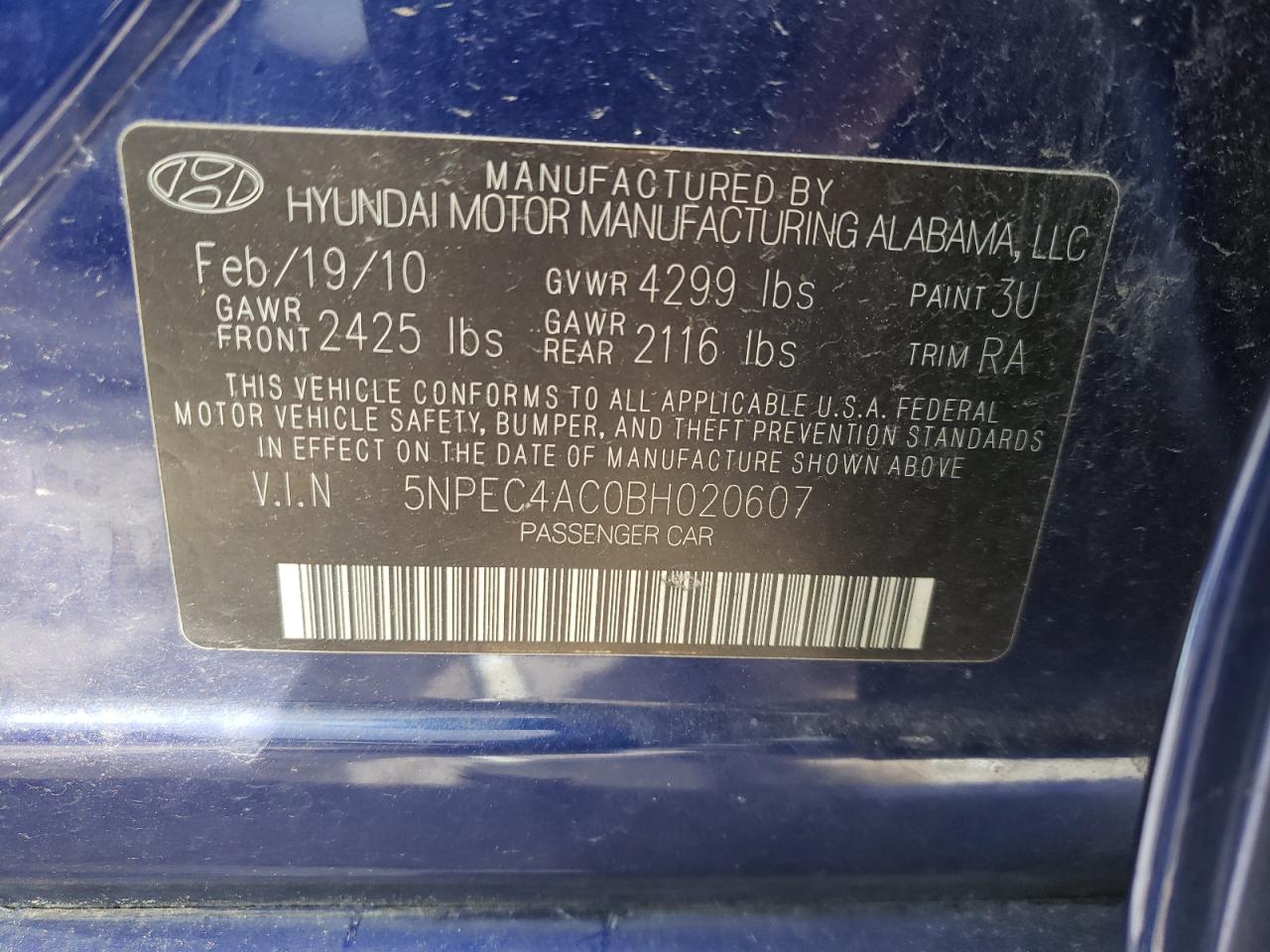 Foto 10 de la subasta – 2011 HYUNDAI SONATA SE con VIN 5NPEC4AC0BH020607