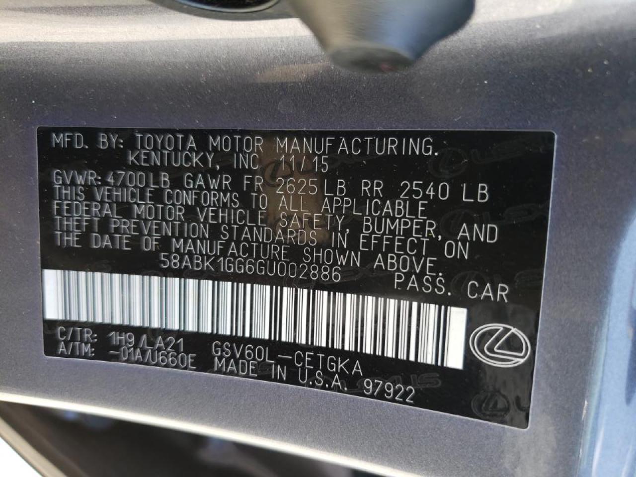 Photo 10 from auction – 2016 LEXUS ES 350 with VIN 58ABK1GG6GU002886