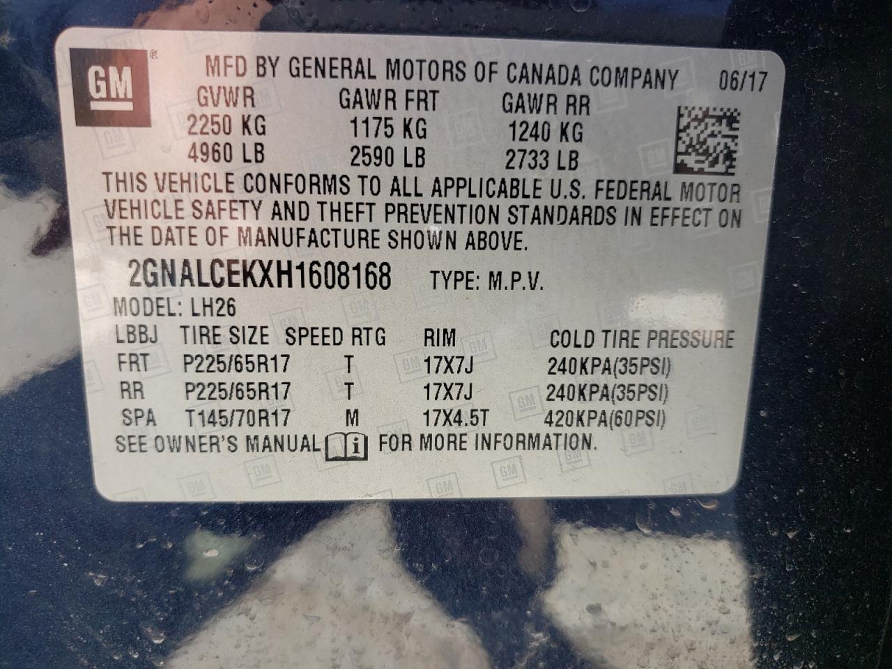 Photo 10 from auction – 2017 CHEVROLET EQUINOX LT with VIN 2GNALCEKXH1608168
