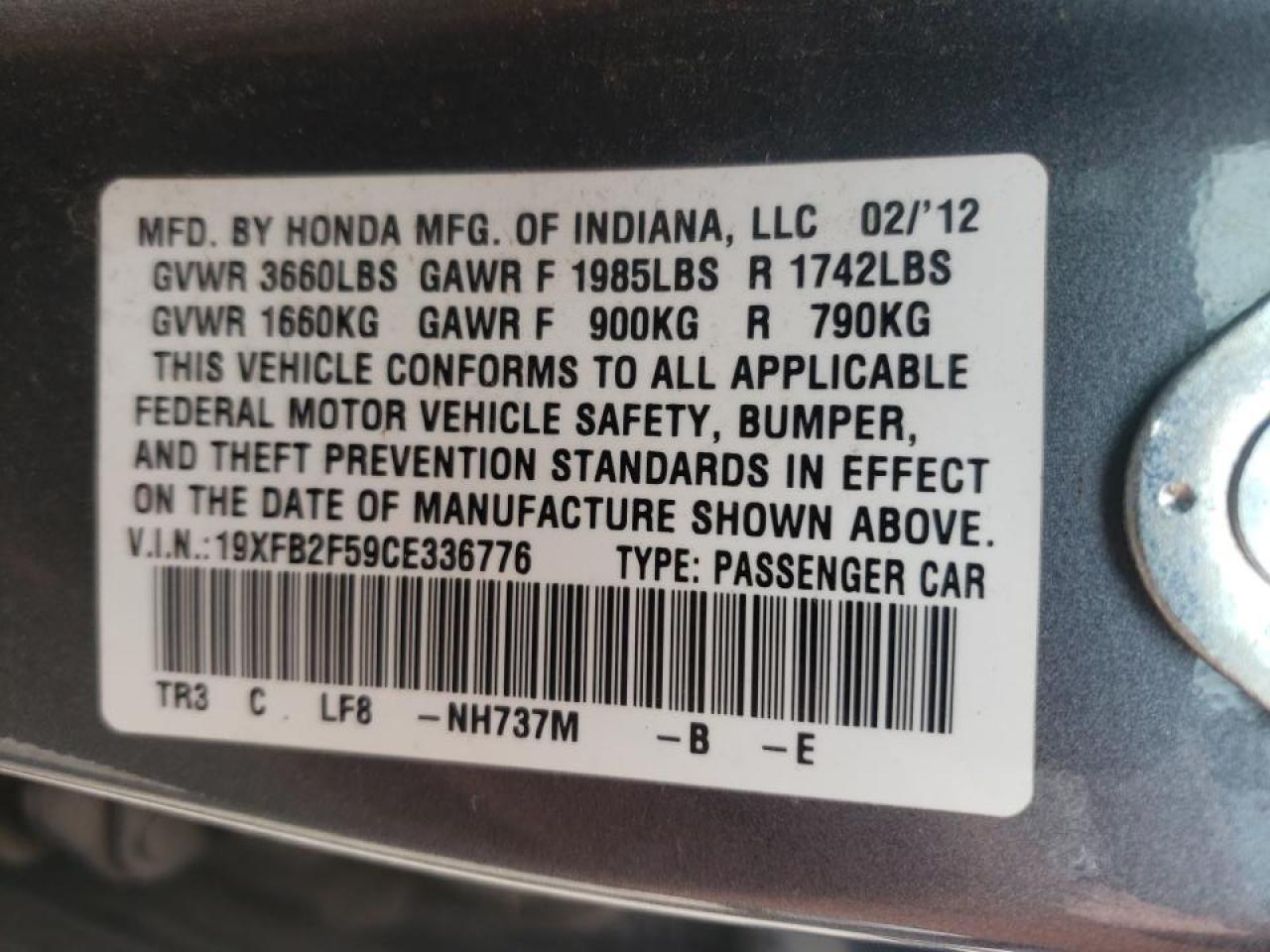 Photo 10 from auction – 2012 HONDA CIVIC LX with VIN 19XFB2F59CE336776