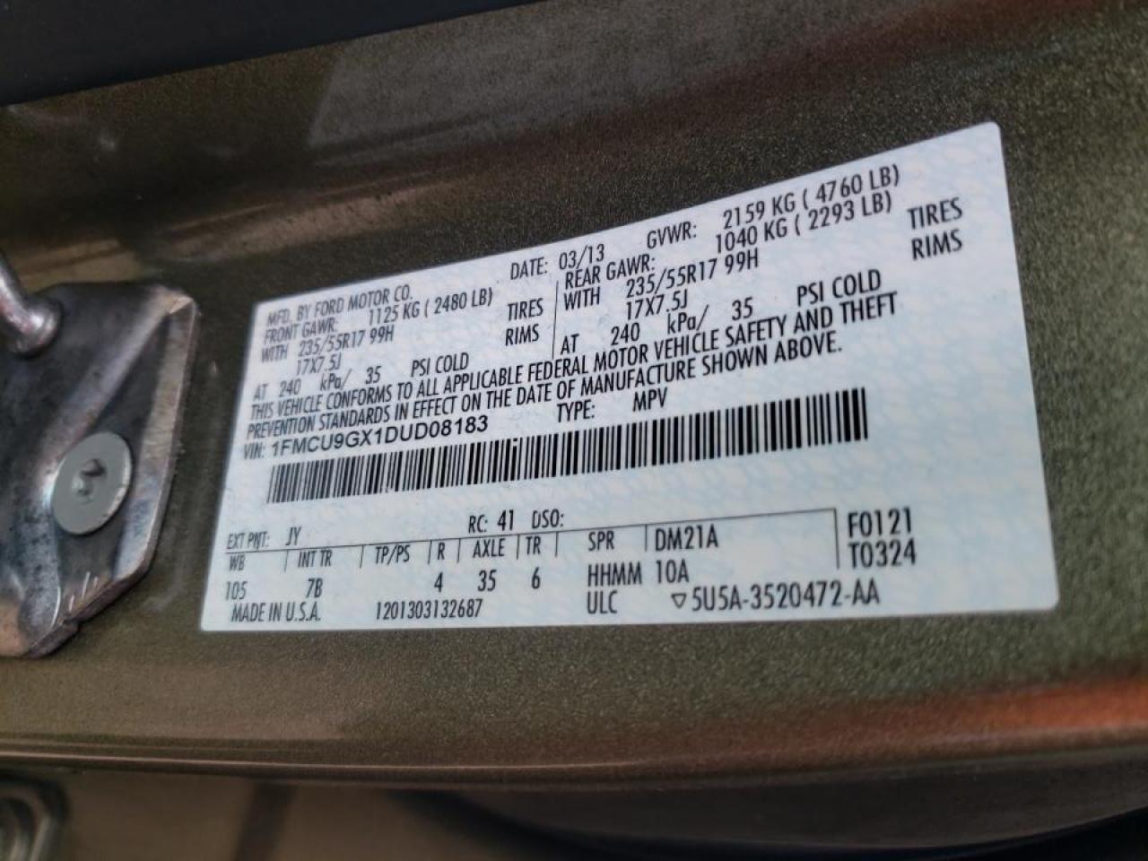 Photo 10 from auction – 2013 FORD ESCAPE SE with VIN 1FMCU9GX1DUD08183