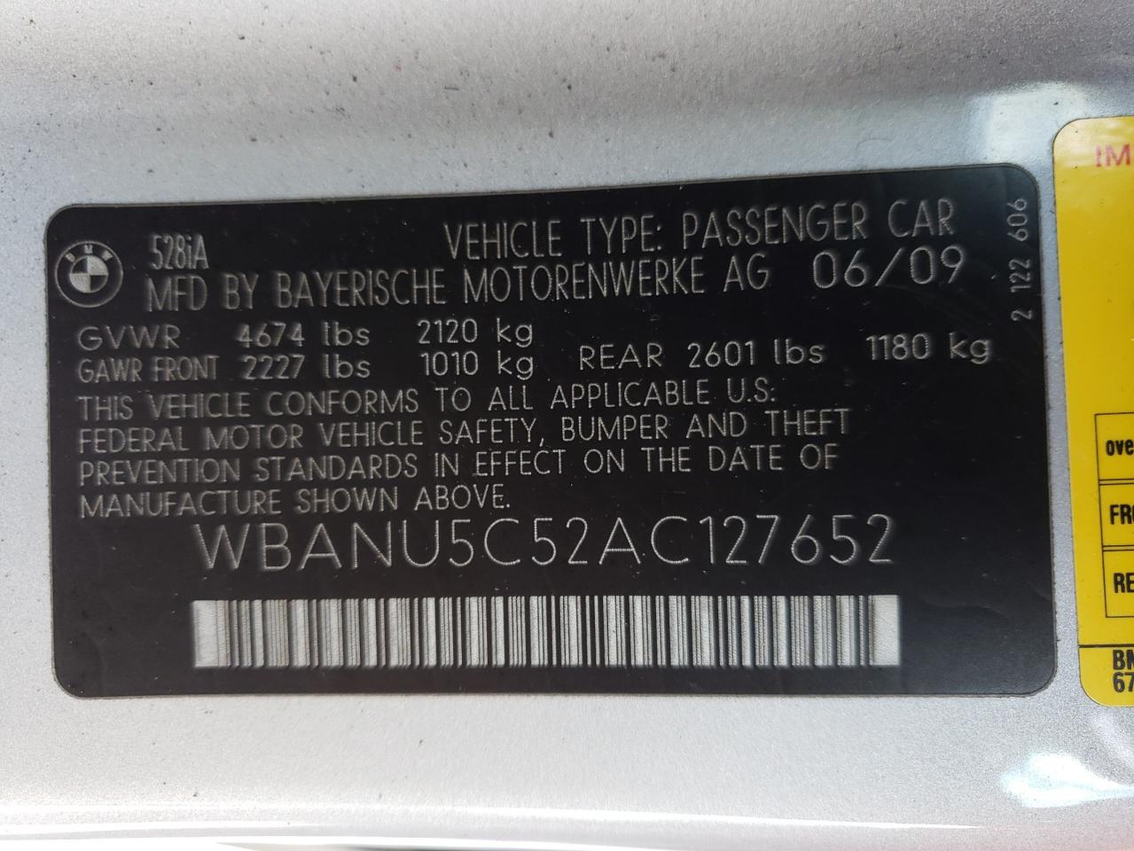 Photo 10 from auction – 2010 BMW 528 I with VIN WBANU5C52AC127652