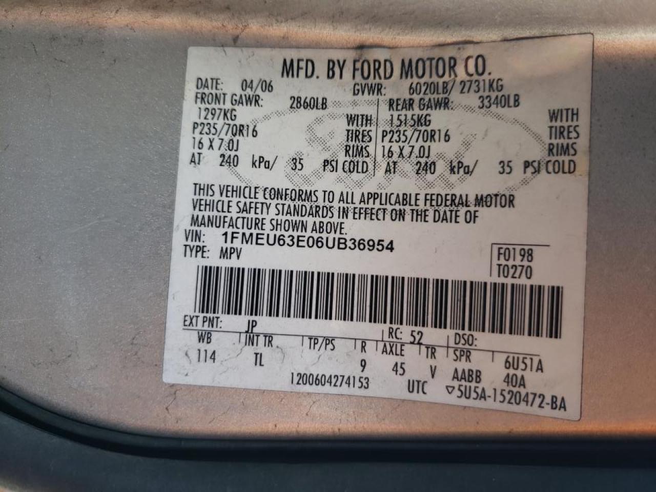 Photo 10 from auction – 2006 FORD EXPLORER X with VIN 1FMEU63E06UB36954