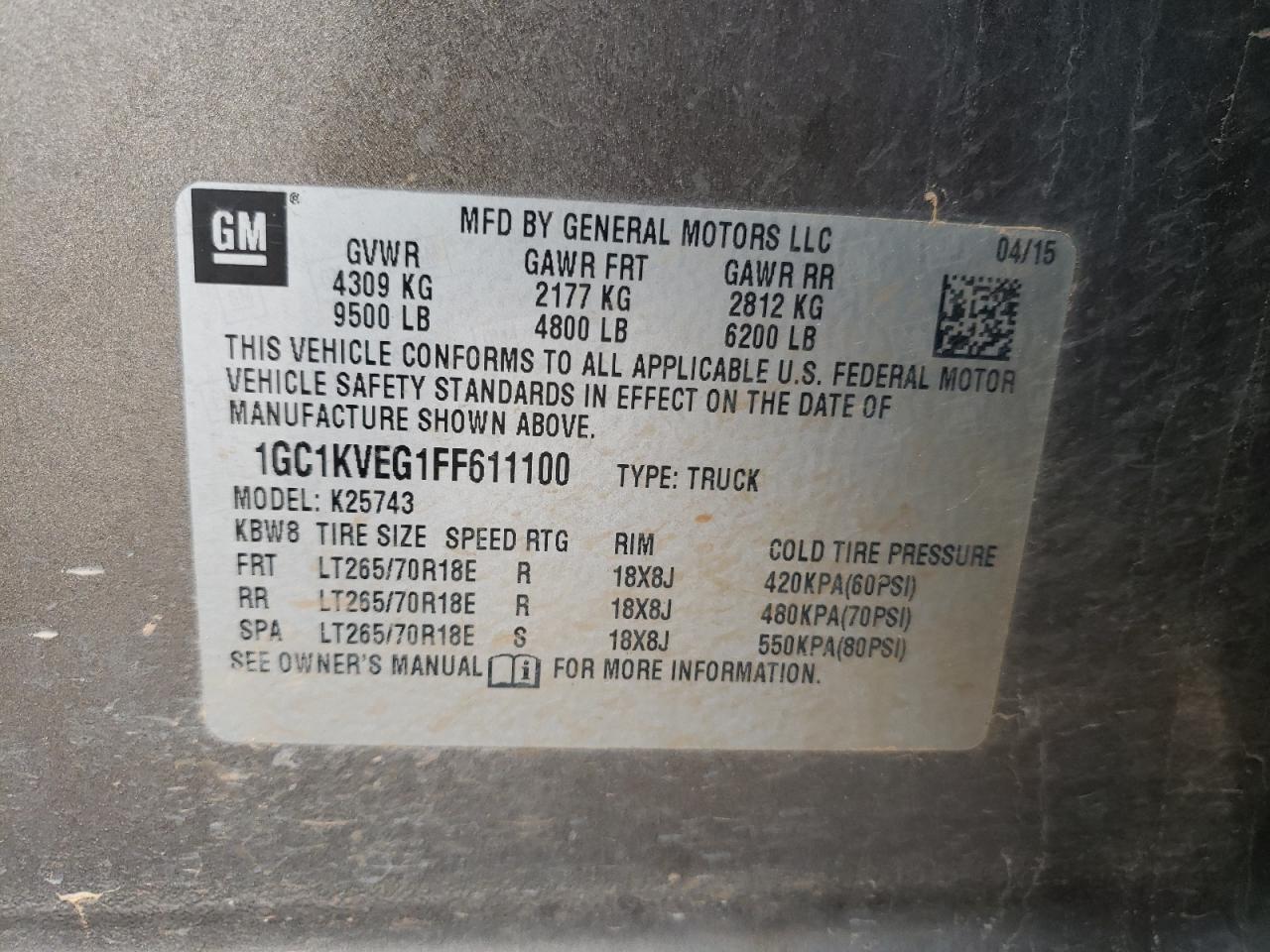 Photo 10 from auction – 2015 CHEVROLET SILVERADO with VIN 1GC1KVEG1FF611100