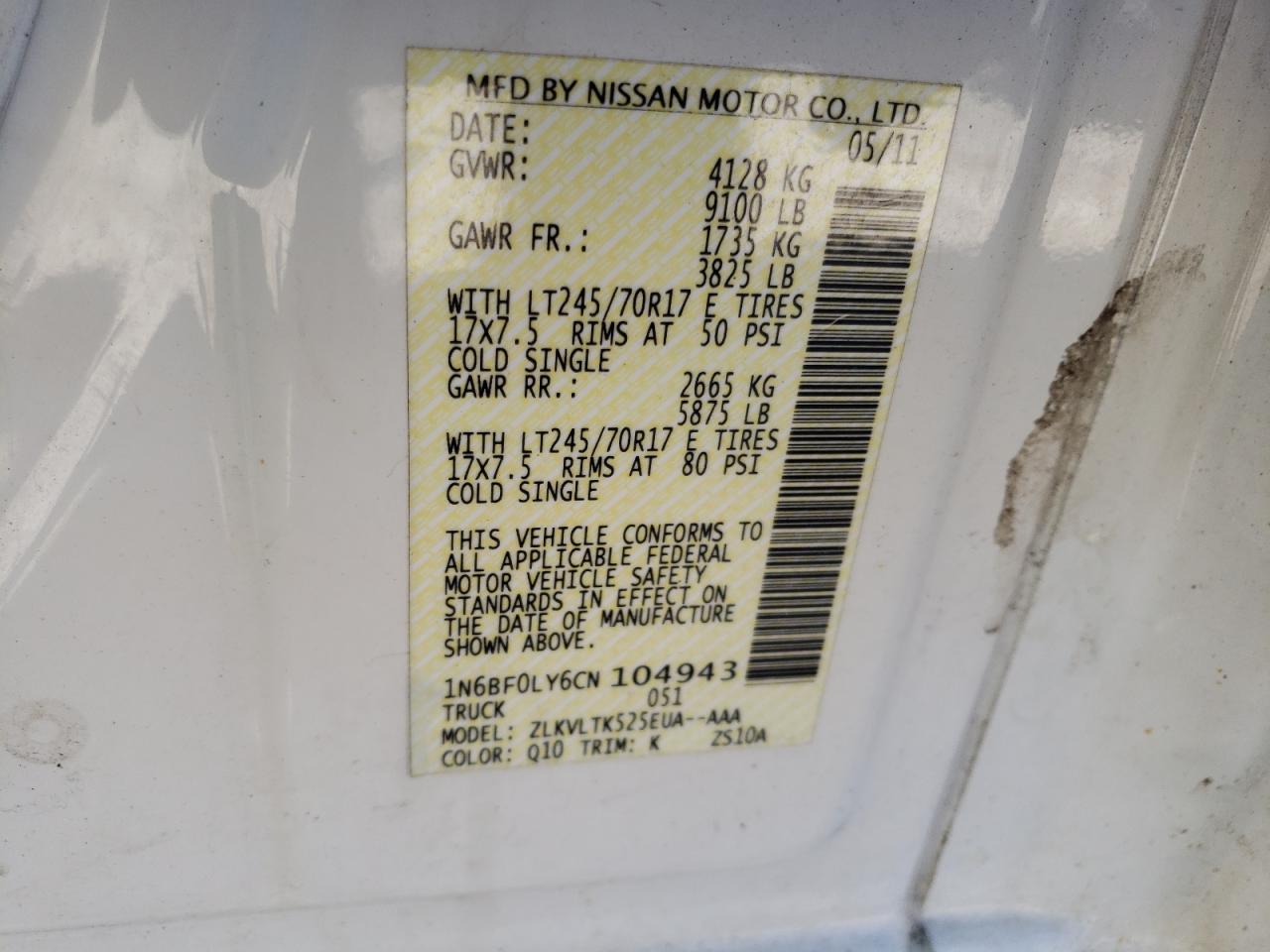 Photo 10 from auction – 2012 NISSAN NV 2500 with VIN 1N6BF0LY6CN104943