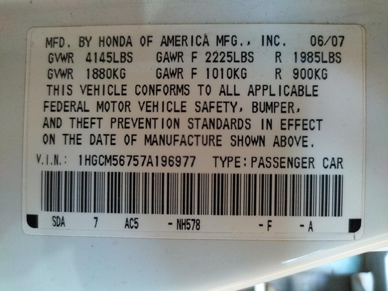 Photo 10 from auction – 2007 HONDA ACCORD EX with VIN 1HGCM56757A196977