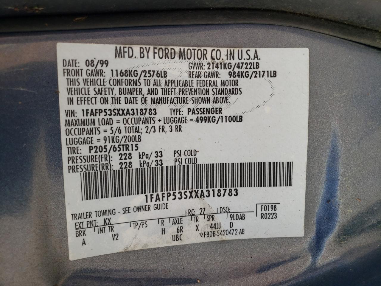 Photo 10 from auction – 1999 FORD TAURUS SE with VIN 1FAFP53SXXA318783