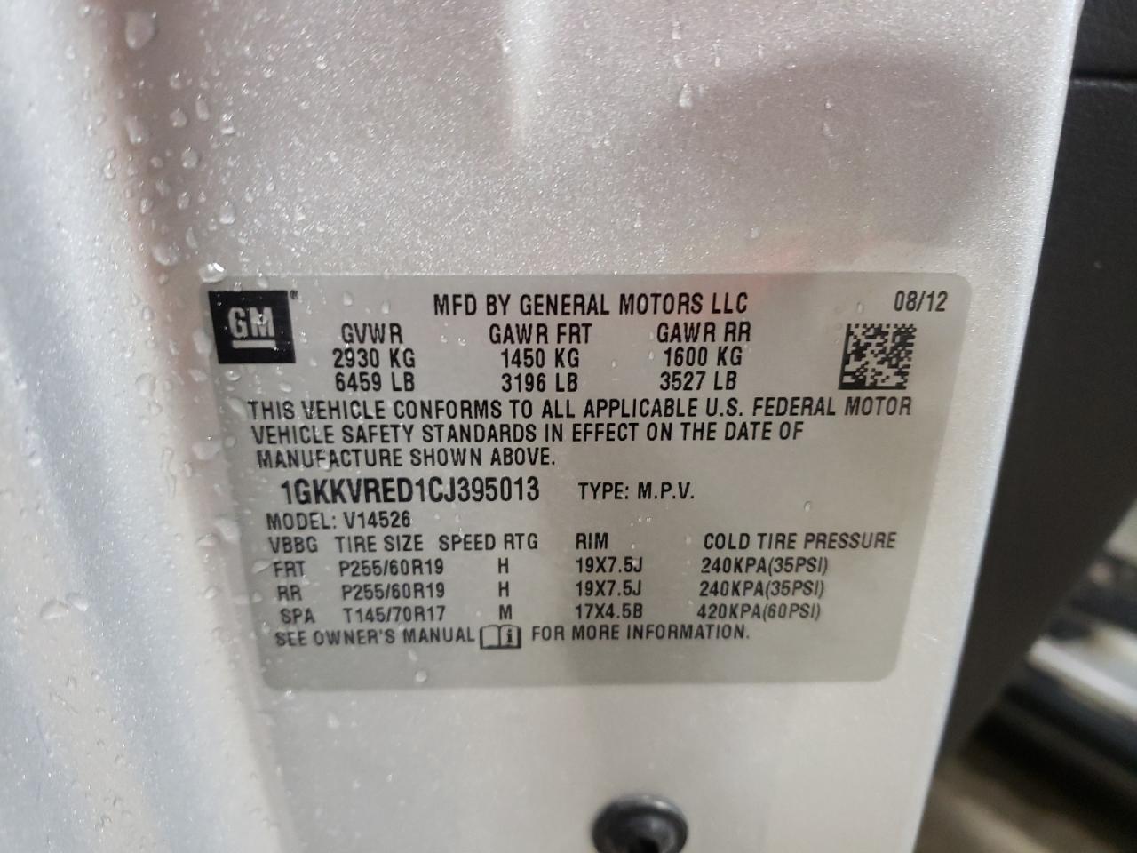 Photo 10 from auction – 2012 GMC ACADIA SLT with VIN 1GKKVRED1CJ395013