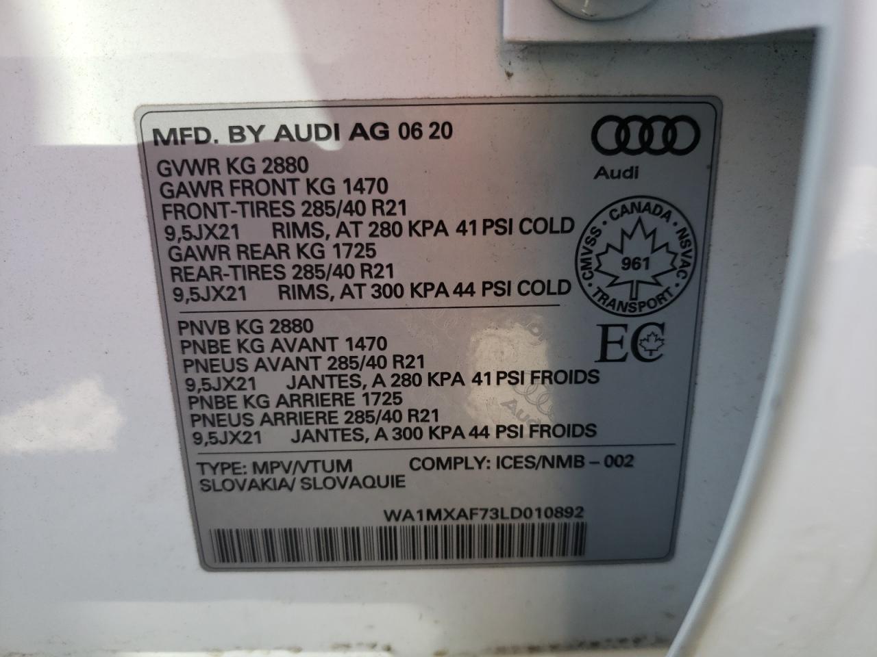 Photo 10 from auction – 2020 AUDI Q7 PROGRES with VIN WA1MXAF73LD010892