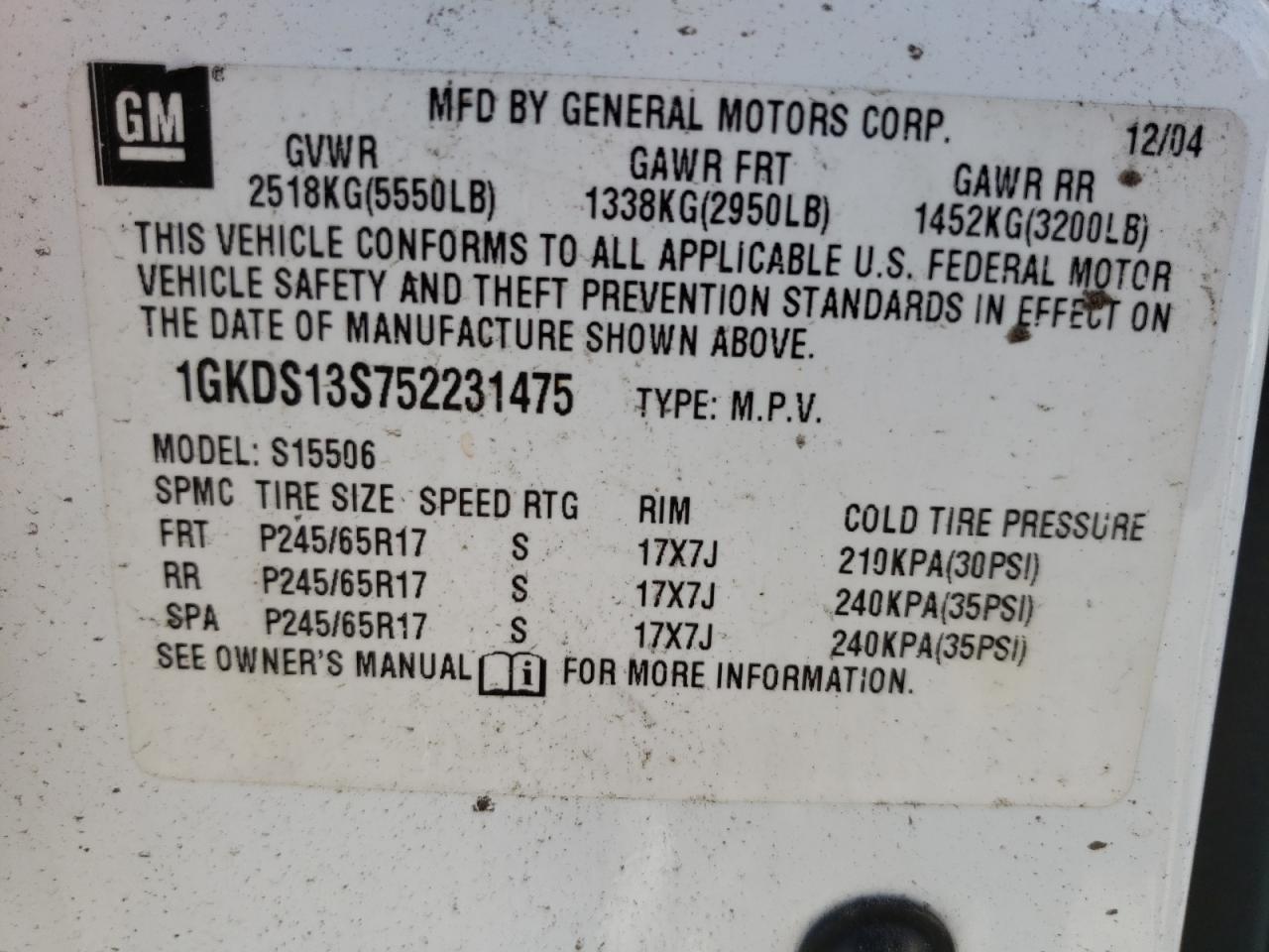 Photo 10 from auction – 2005 GMC ENVOY with VIN 1GKDS13S752231475