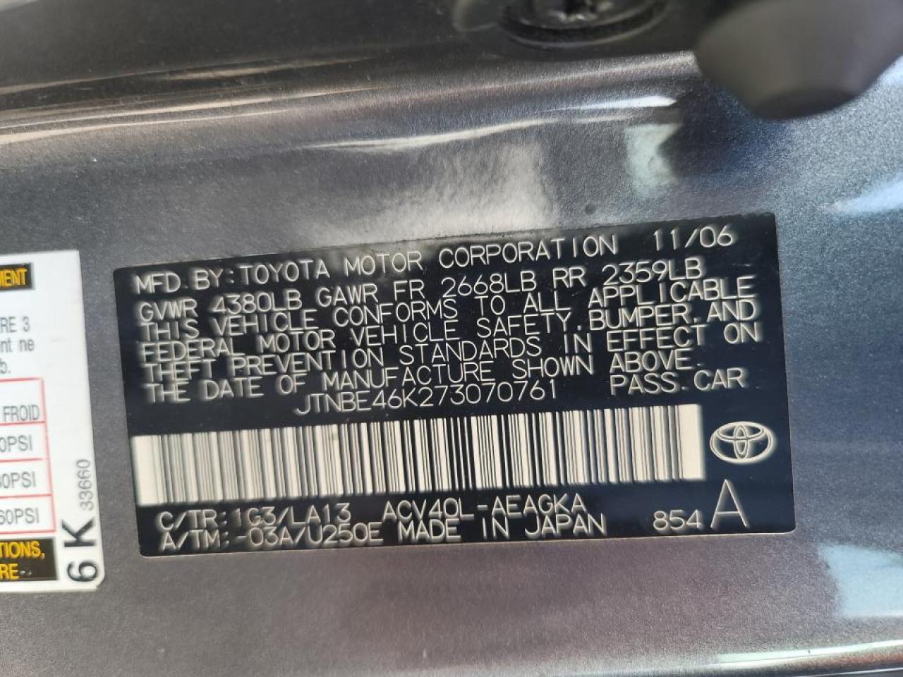 Photo 10 from auction – 2007 TOYOTA CAMRY CE with VIN JTNBE46K273070761