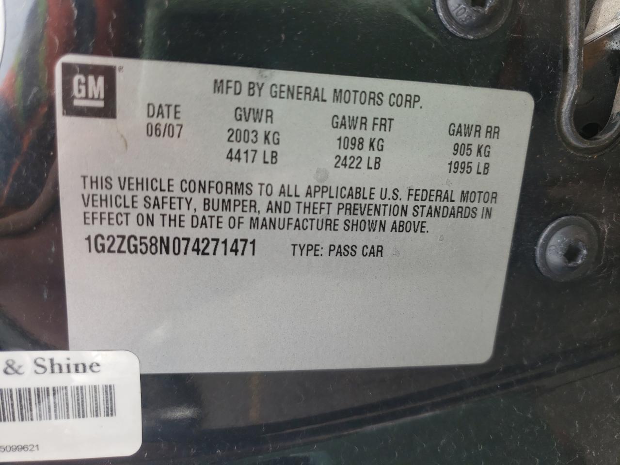 Photo 10 from auction – 2007 PONTIAC G6 BASE with VIN 1G2ZG58N074271471