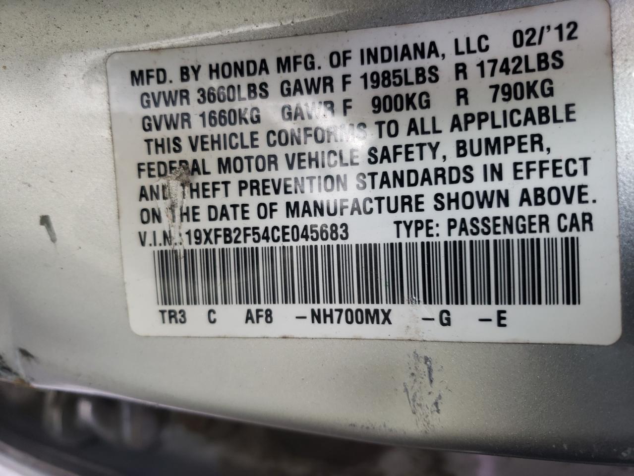 Photo 10 from auction – 2012 HONDA CIVIC LX with VIN 19XFB2F54CE045683
