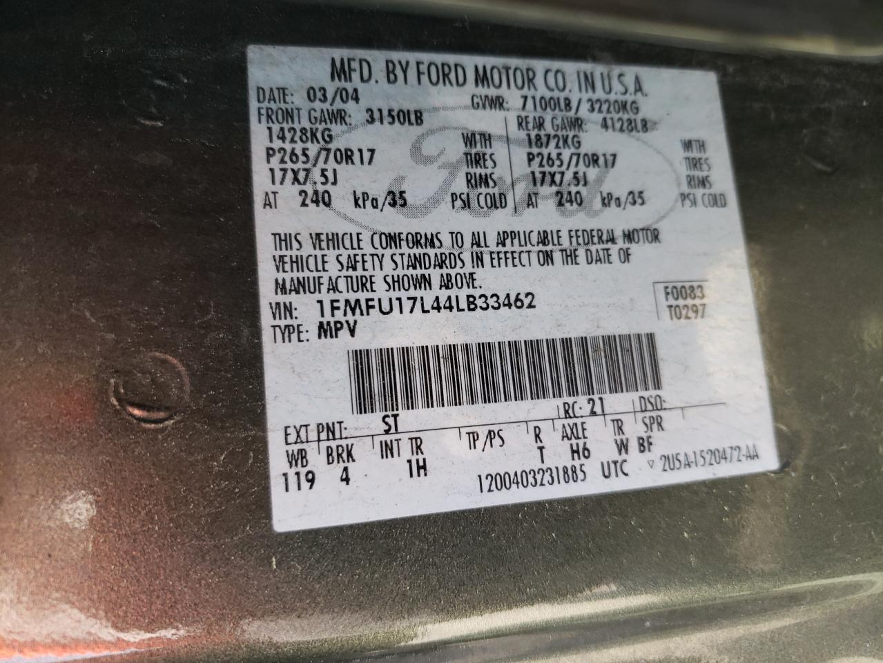 Photo 10 from auction – 2004 FORD EXPEDITION with VIN 1FMFU17L44LB33462