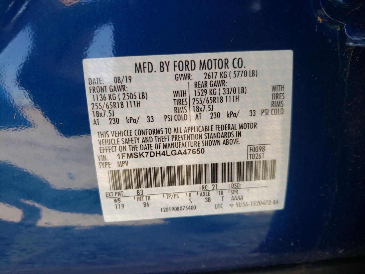 Photo 10 from auction – 2020 FORD EXPLORER X with VIN 1FMSK7DH4LGA47650
