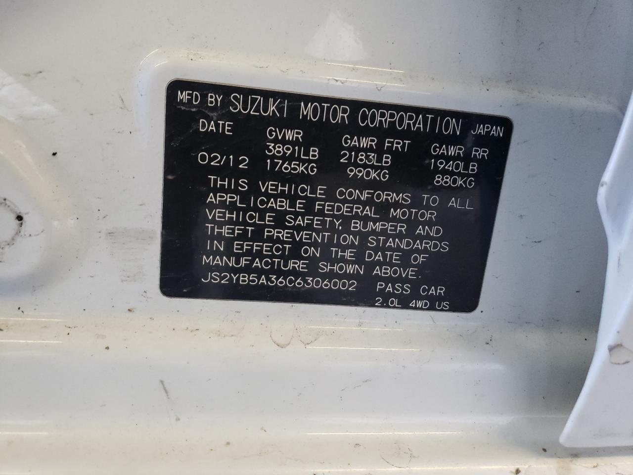 Photo 10 from auction – 2012 SUZUKI SX4 with VIN JS2YB5A36C6306002