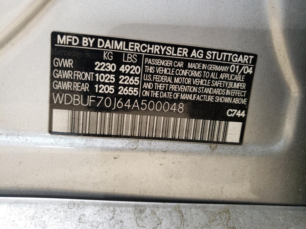 Photo 10 from auction – 2004 MERCEDES-BENZ E 500 with VIN WDBUF70J64A500048
