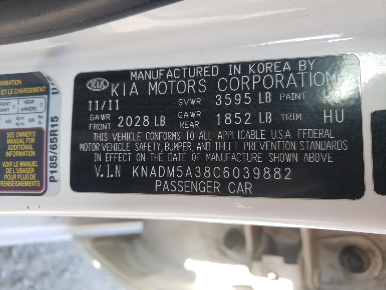 Photo 10 from auction – 2012 KIA RIO LX with VIN KNADM5A38C6039882