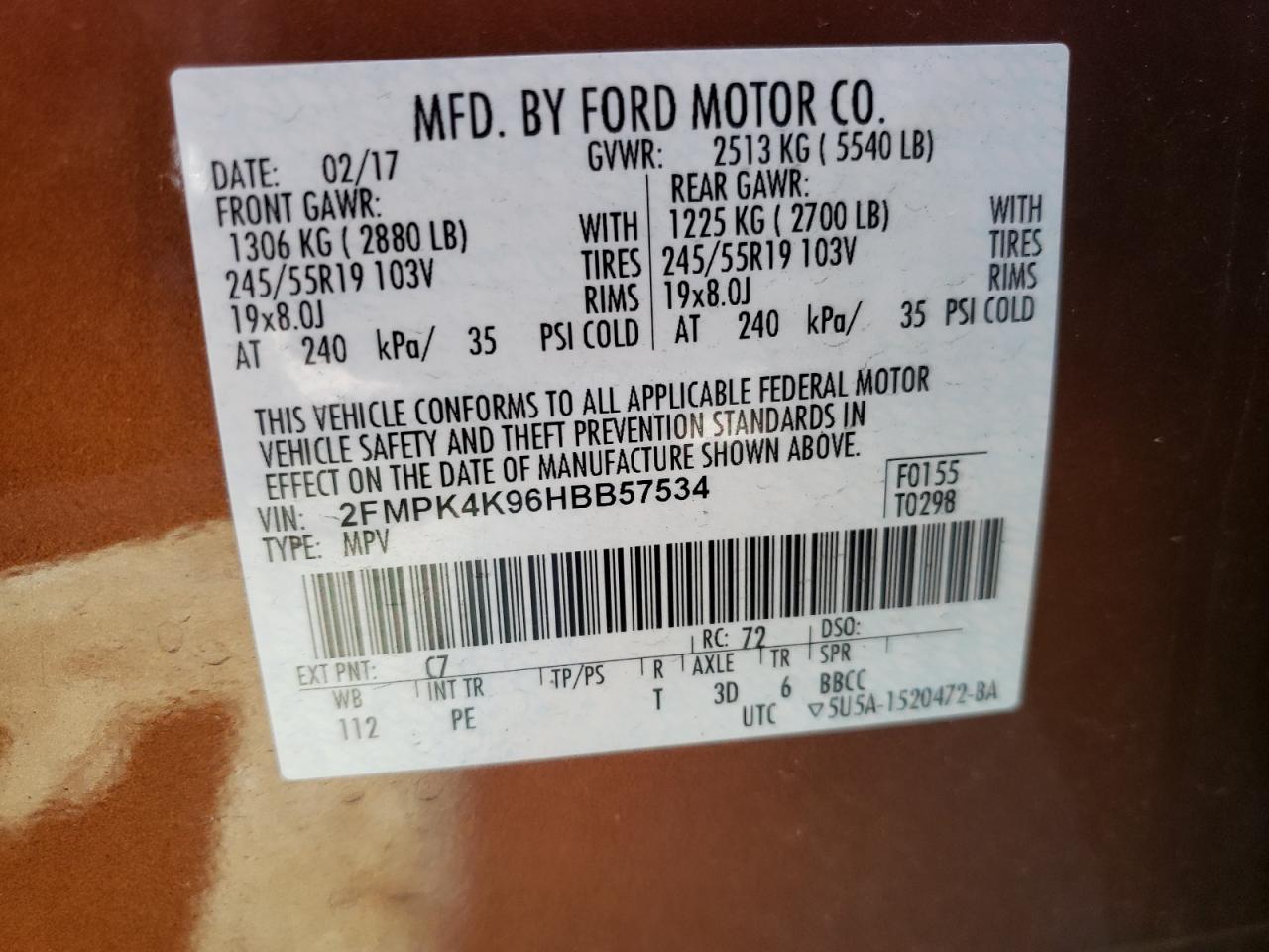 Photo 10 from auction – 2017 FORD EDGE TITAN with VIN 2FMPK4K96HBB57534