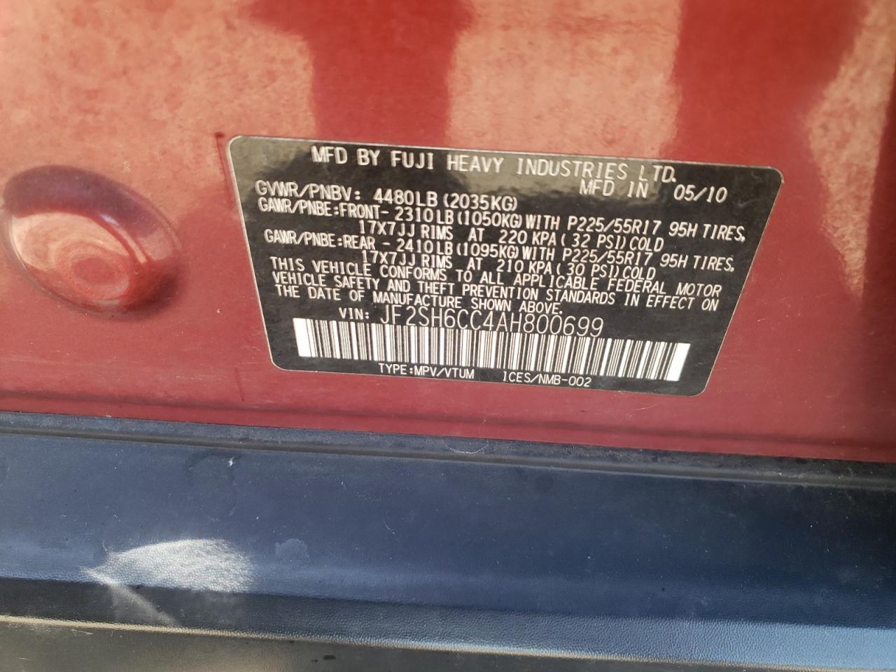Photo 10 from auction – 2010 SUBARU FORESTER 2 with VIN JF2SH6CC4AH800699