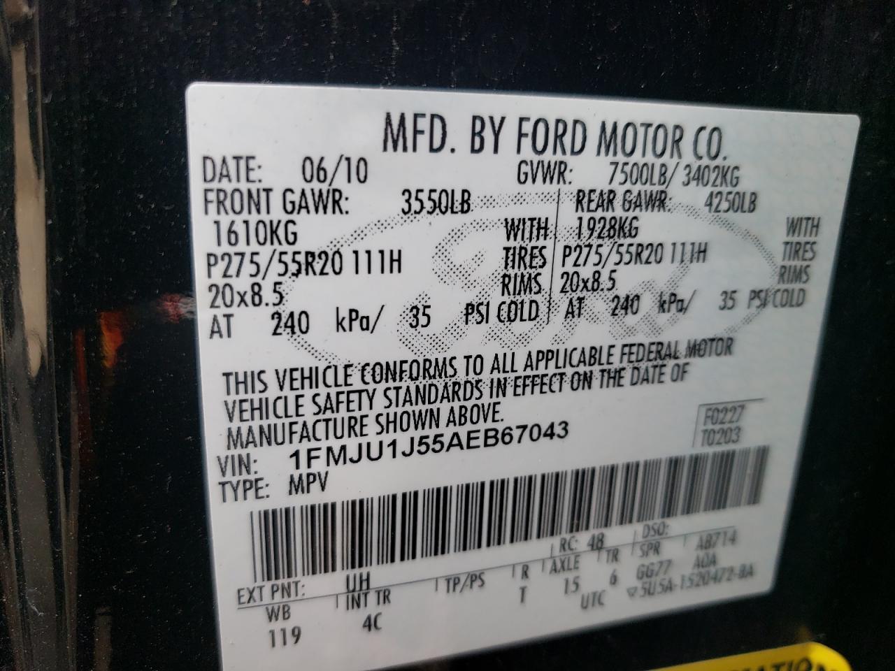 Photo 10 from auction – 2010 FORD EXPEDITION with VIN 1FMJU1J55AEB67043