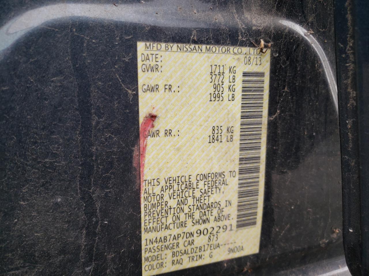 Photo 10 from auction – 2013 NISSAN SENTRA S with VIN 1N4AB7AP7DN902291
