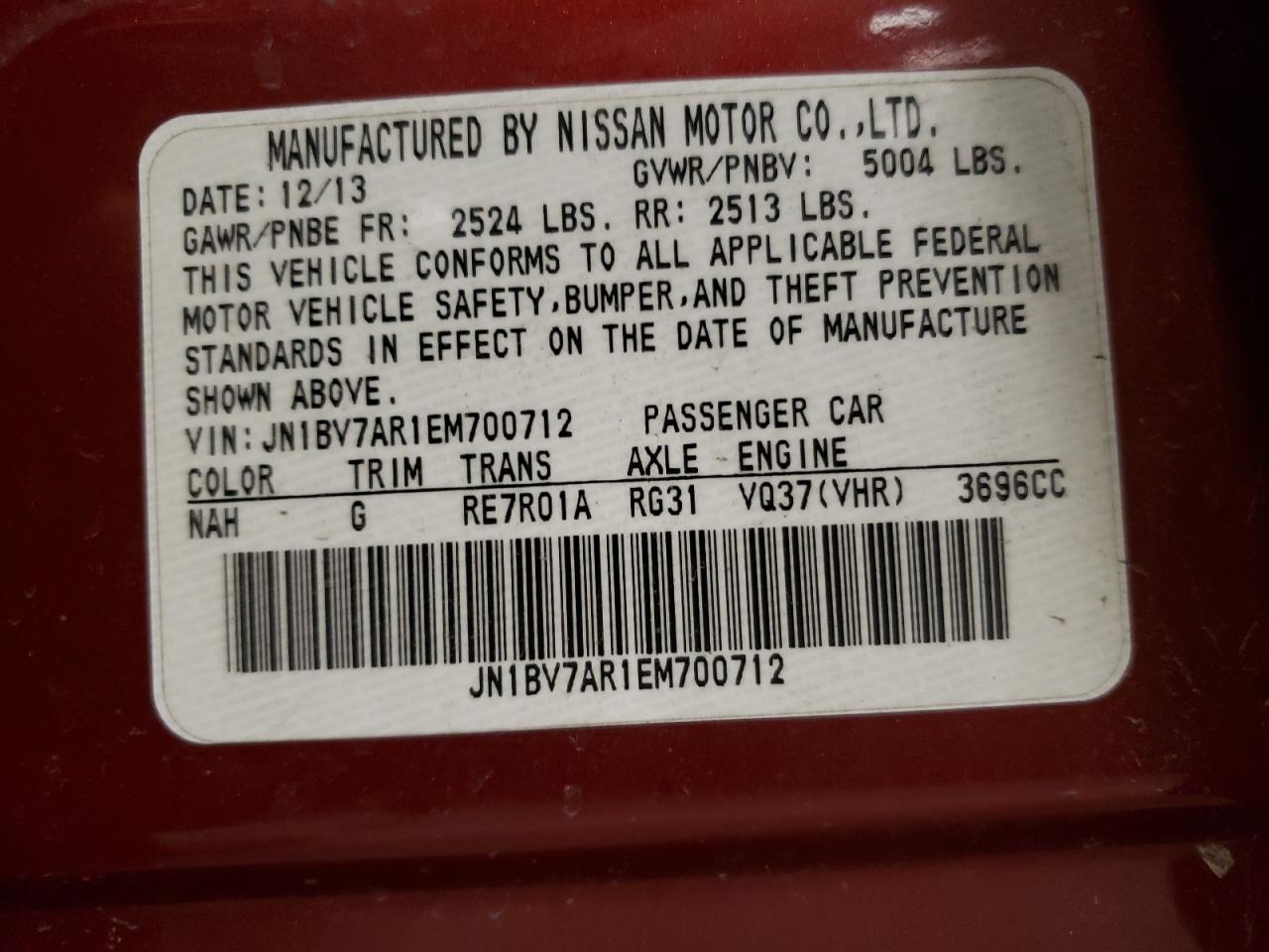 Photo 10 from auction – 2014 INFINITI Q50 BASE with VIN JN1BV7AR1EM700712