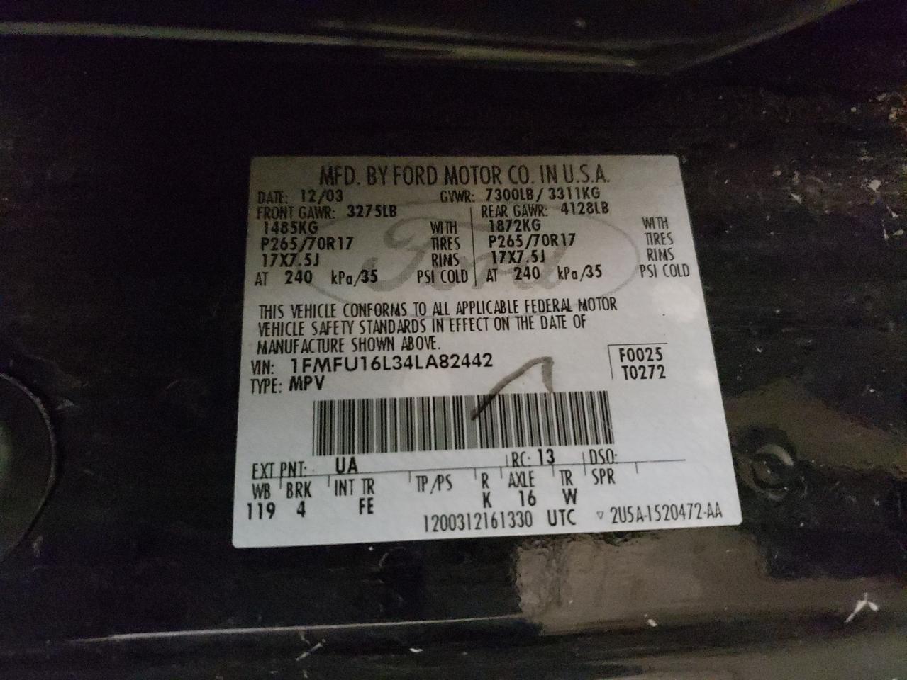 Photo 10 from auction – 2004 FORD EXPEDITION with VIN 1FMFU16L34LA82442