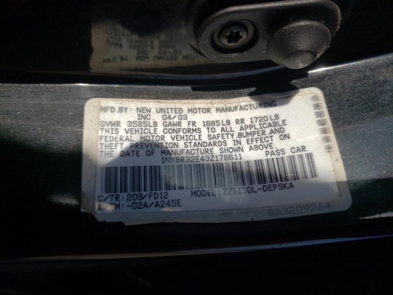 Photo 10 from auction – 2003 TOYOTA COROLLA CE with VIN 1NXBR32E43Z178611
