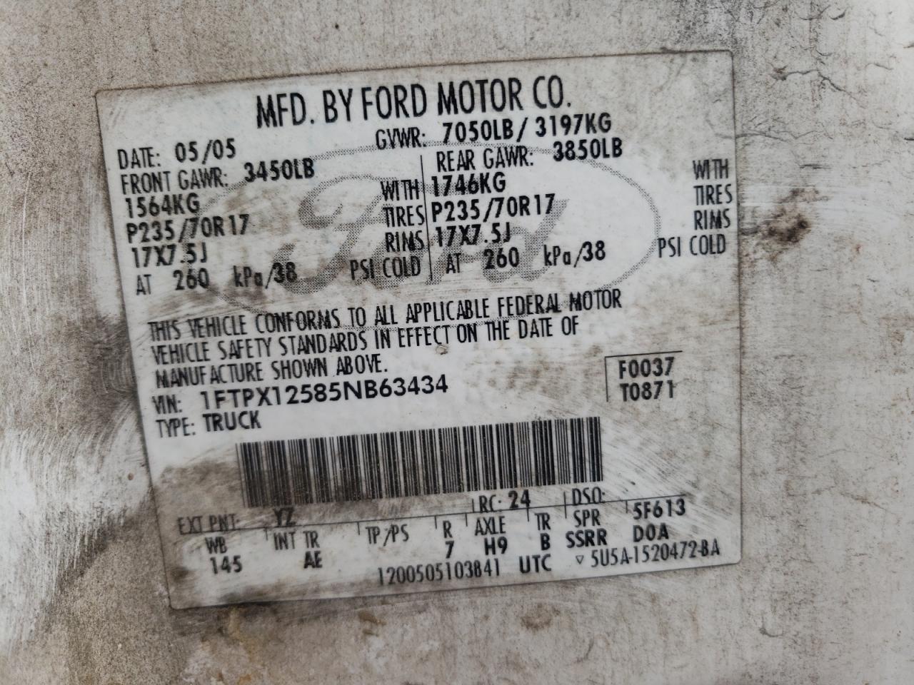 Photo 10 from auction – 2005 FORD F150 with VIN 1FTPX12585NB63434