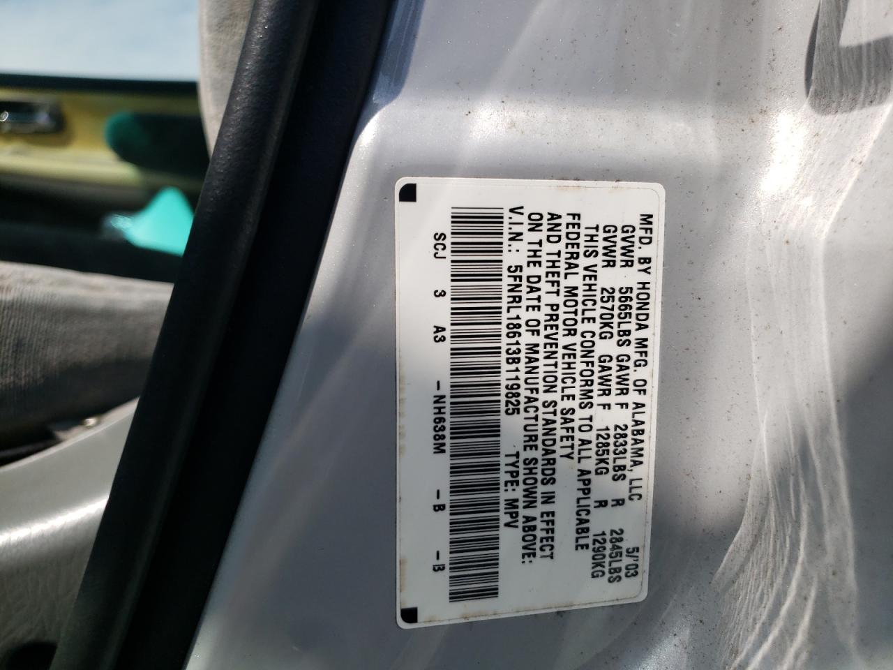 Photo 10 from auction – 2003 HONDA ODYSSEY EX with VIN 5FNRL18613B119825