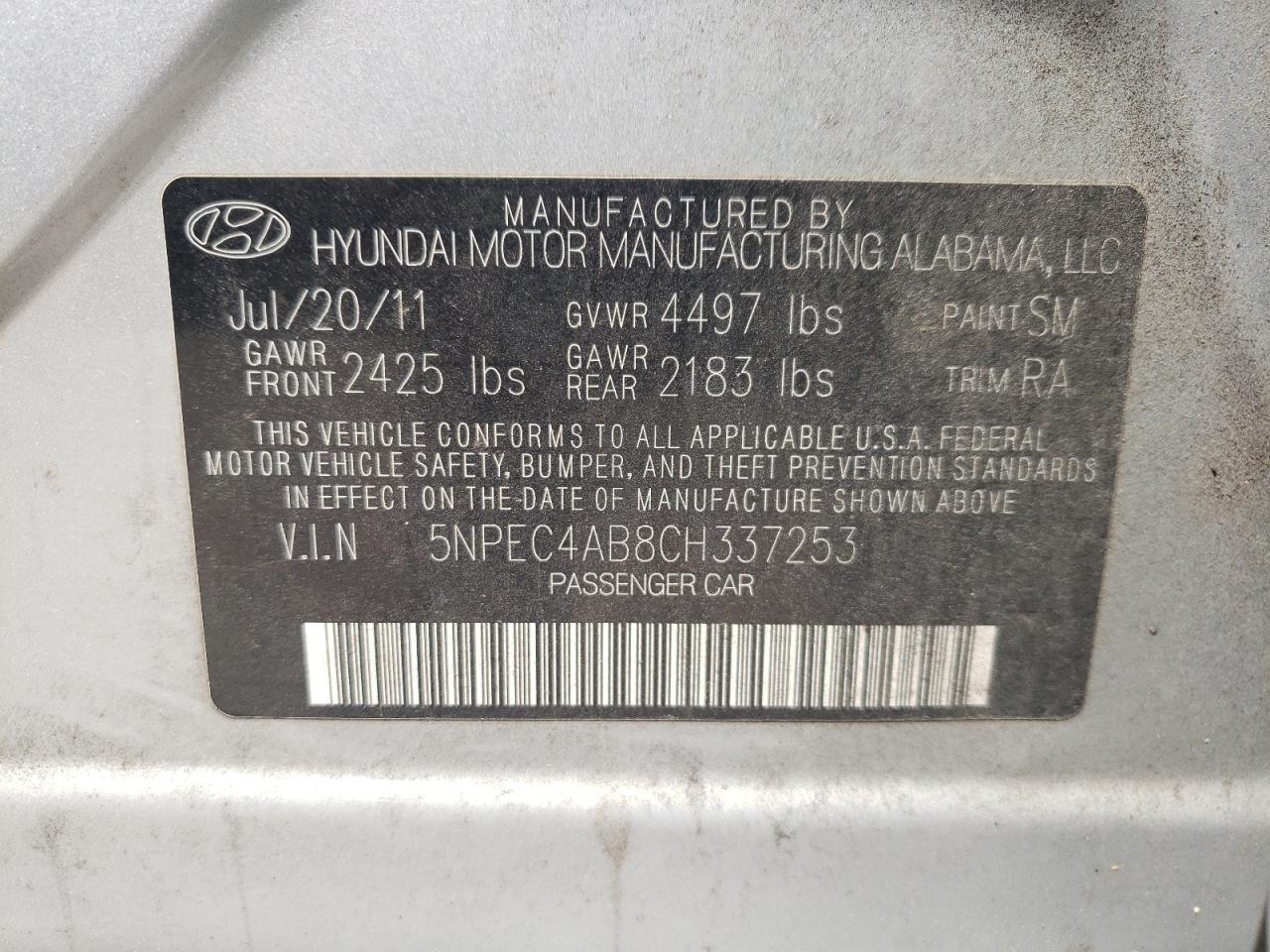 Photo 10 from auction – 2012 HYUNDAI SONATA SE with VIN 5NPEC4AB8CH337253