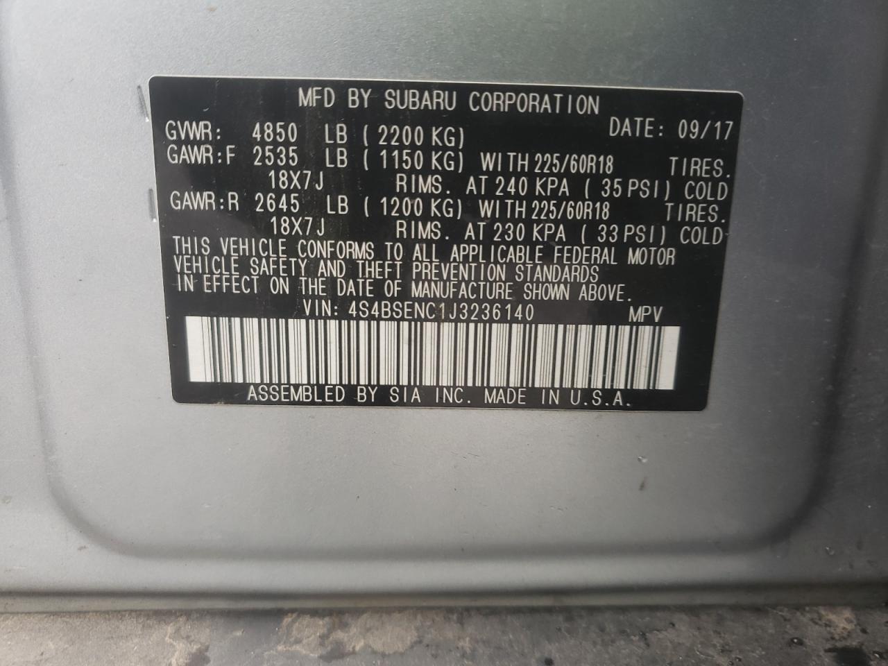 Foto 10 de la subasta – 2018 SUBARU OUTBACK 3. con VIN 4S4BSENC1J3236140