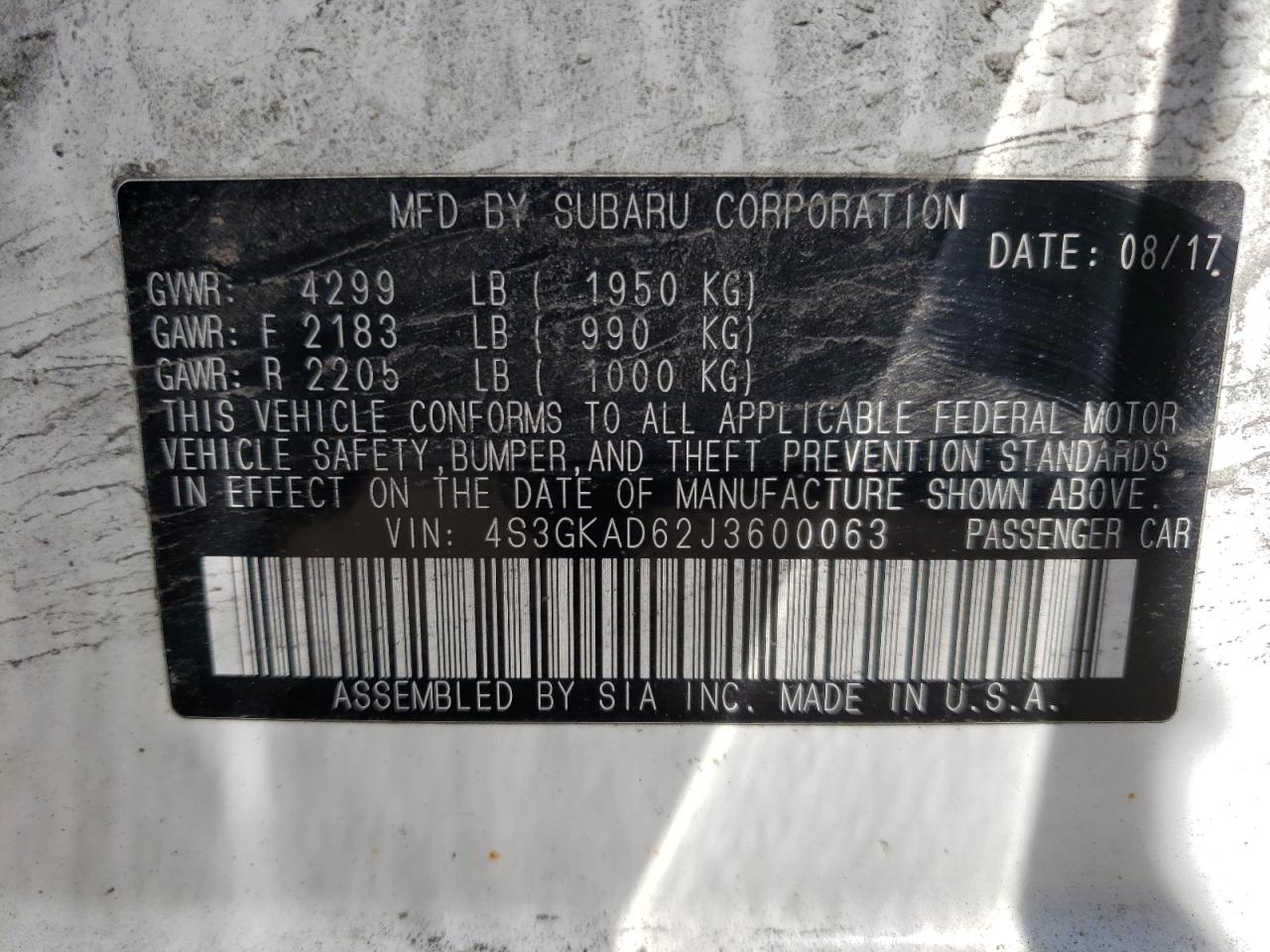 Photo 10 from auction – 2018 SUBARU IMPREZA PR with VIN 4S3GKAD62J3600063