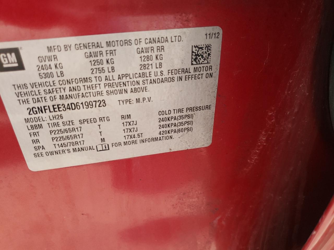 Photo 10 from auction – 2013 CHEVROLET EQUINOX LT with VIN 2GNFLEE34D6199723