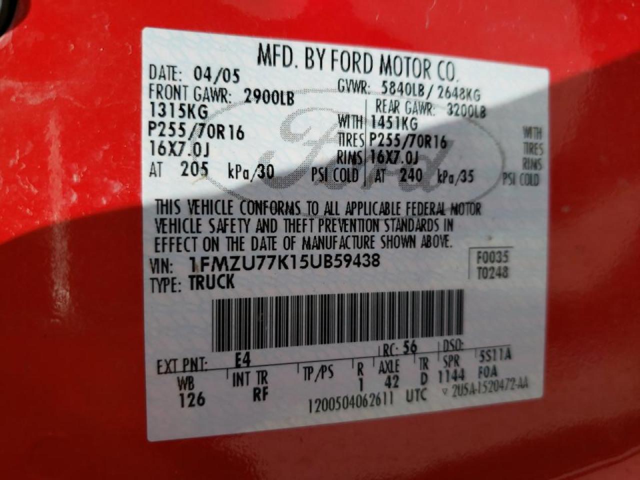 Photo 10 from auction – 2005 FORD EXPLORER S with VIN 1FMZU77K15UB59438