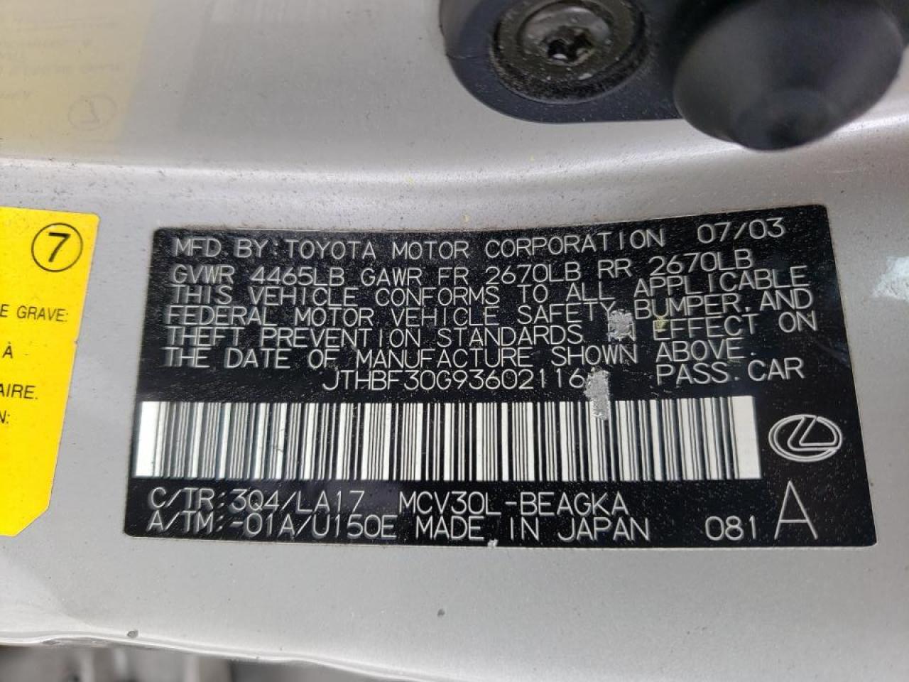 Zdjęcie 10 z aukcji – 2003 LEXUS ES 300 z VIN JTHBF30G936021161