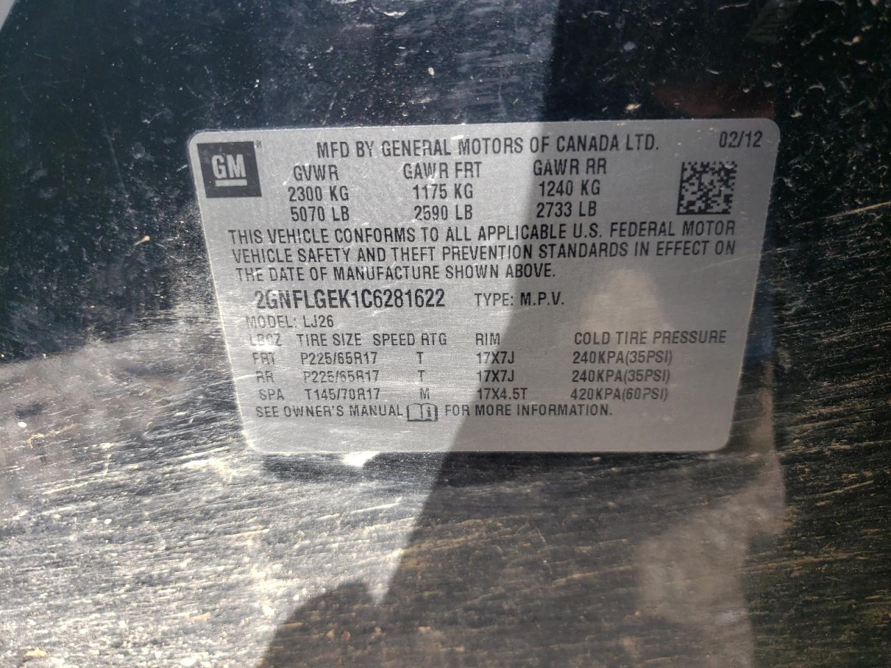 Photo 10 from auction – 2012 CHEVROLET EQUINOX LT with VIN 2GNFLGEK1C6281622
