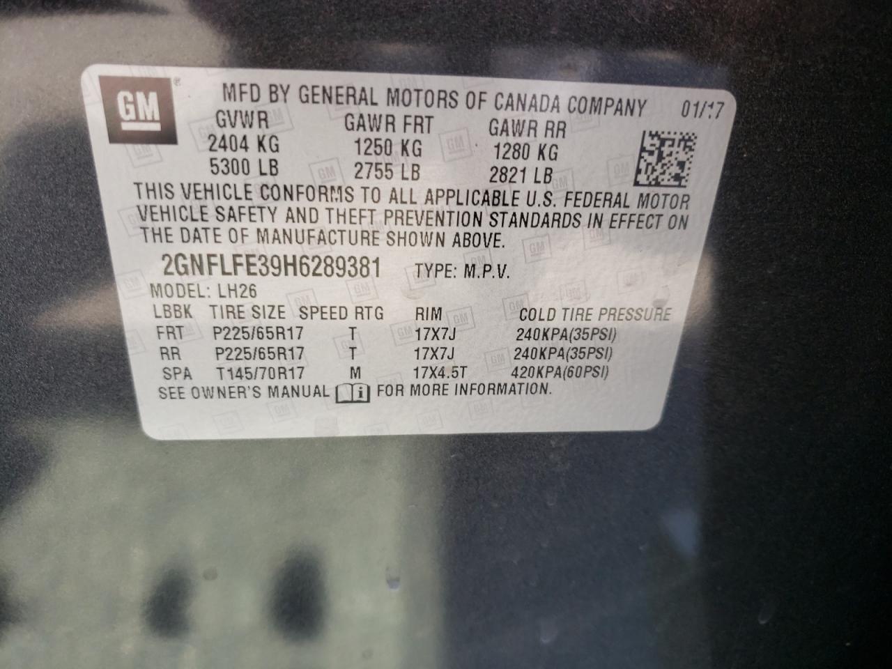 Photo 10 from auction – 2017 CHEVROLET EQUINOX LT with VIN 2GNFLFE39H6289381