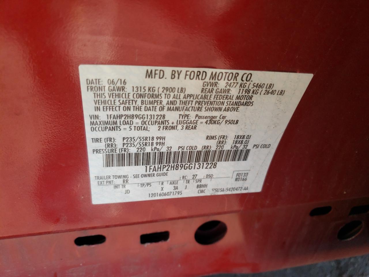 Photo 10 from auction – 2016 FORD TAURUS SEL with VIN 1FAHP2H89GG131228