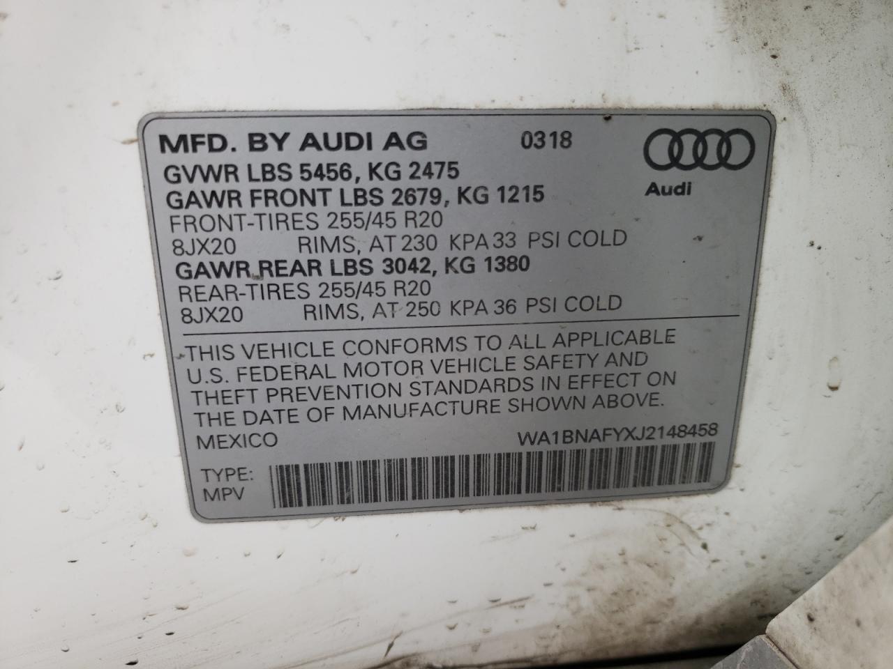 Photo 10 from auction – 2018 AUDI Q5 PREMIUM with VIN WA1BNAFYXJ2148458