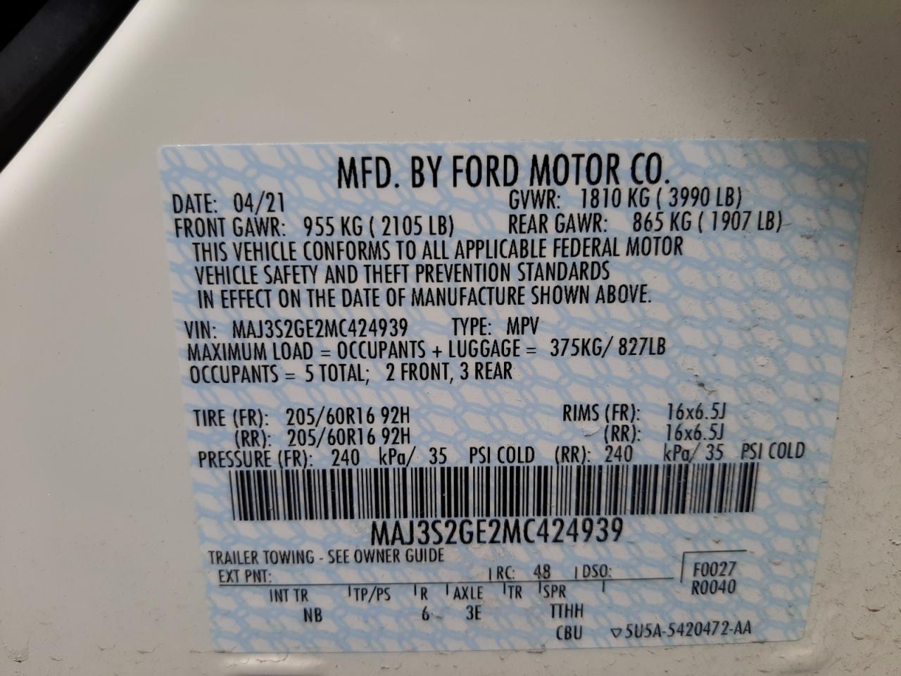 Photo 10 from auction – 2021 FORD ECOSPORT S with VIN MAJ3S2GE2MC424939