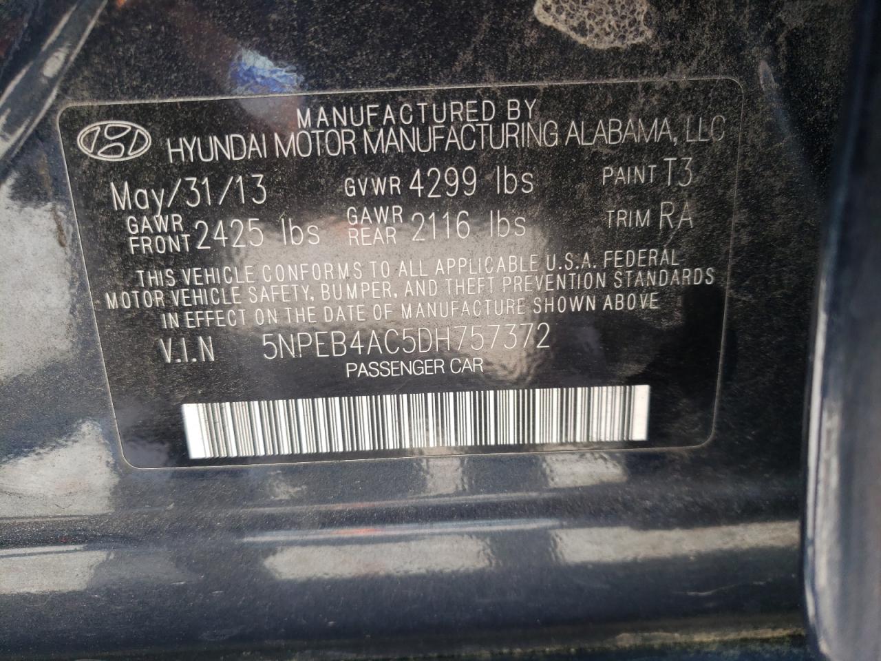 Photo 10 from auction – 2013 HYUNDAI SONATA GLS with VIN 5NPEB4AC5DH757372