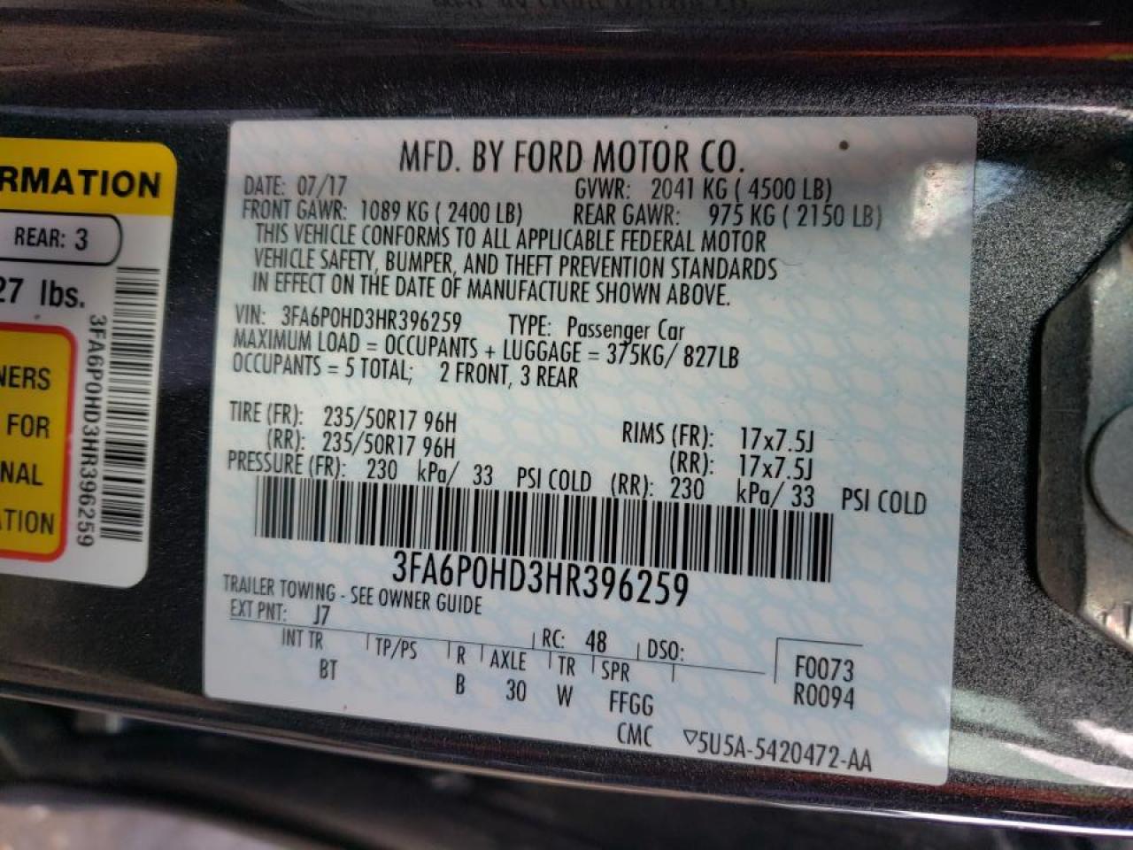 Photo 10 from auction – 2017 FORD FUSION SE with VIN 3FA6P0HD3HR396259